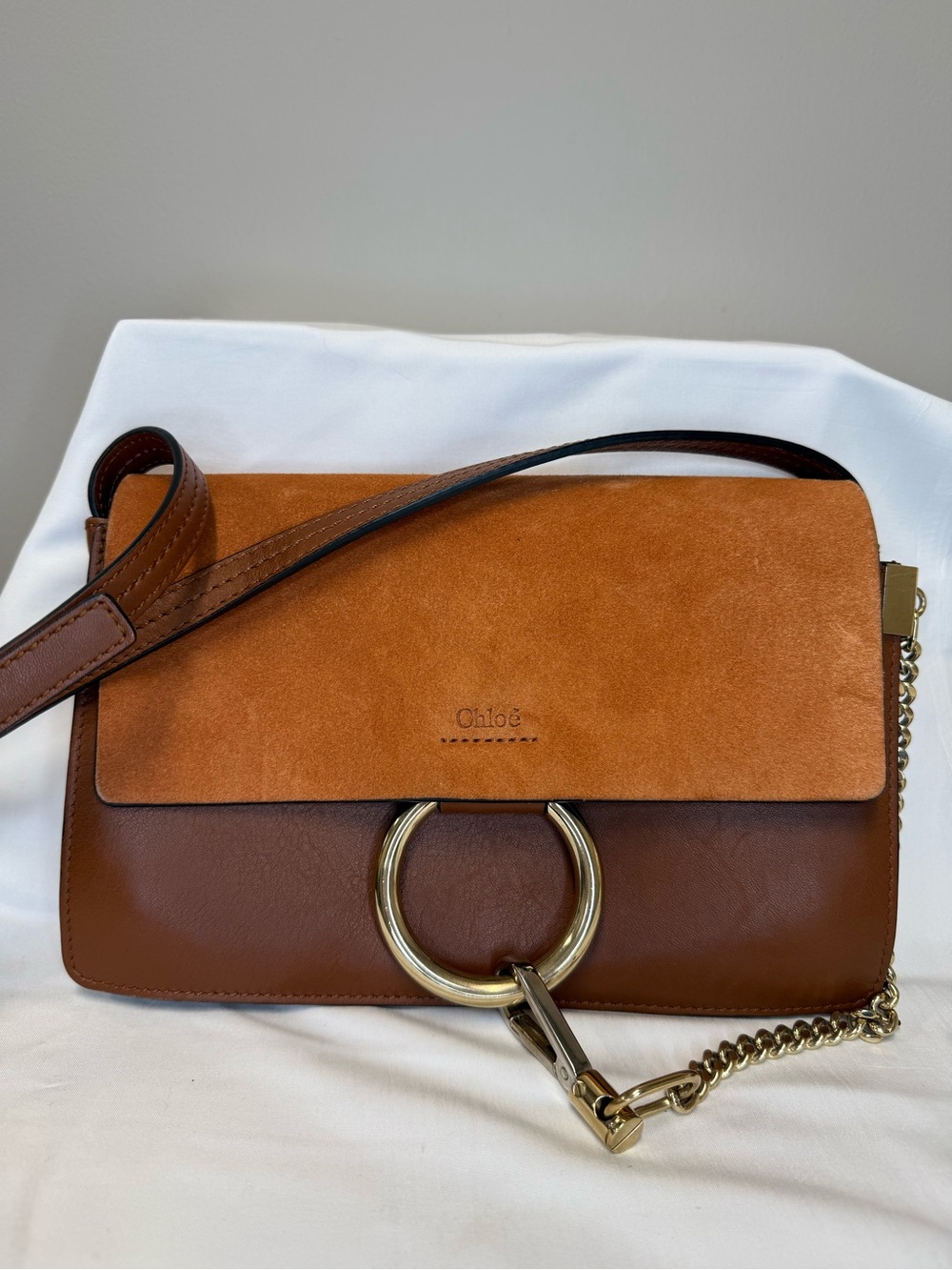 Chloè Faye Cognac Suede and Leather Crossbody Bag
